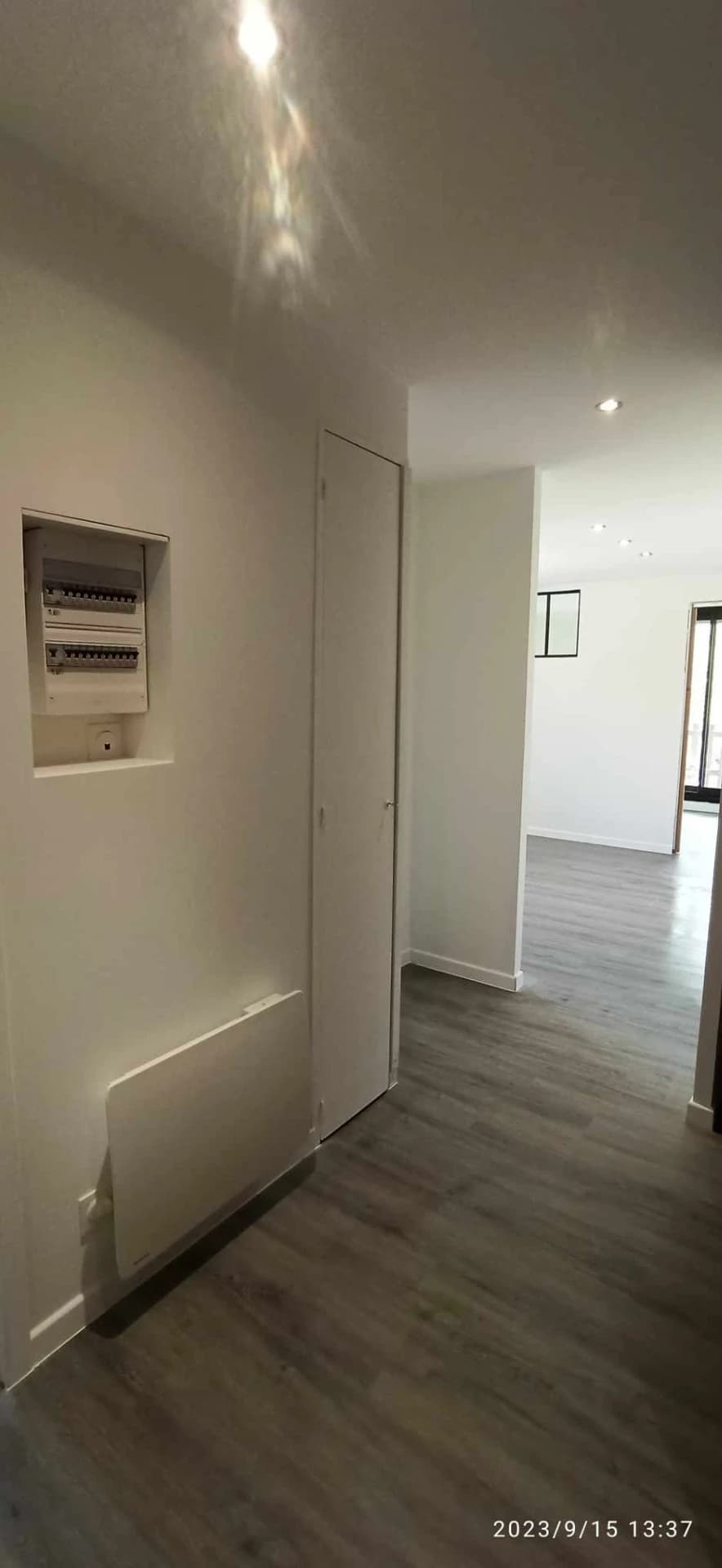 Vue sur les spots, le radiateur de l'entrée et le tableau neuf